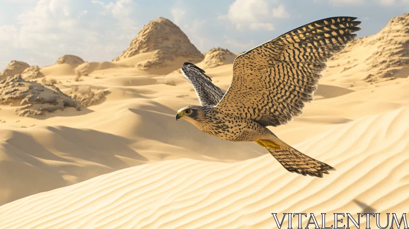 A Falcon Gliding Over Serene Desert Landscape AI Image