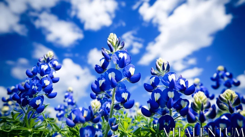 AI ART Blue Flowers in Field with Cloudy Sky