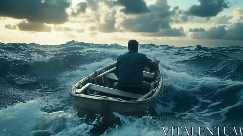 Lone Man in Boat on Wavy Sea at Sunset AI Image