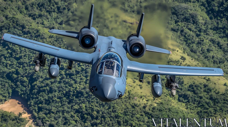 Aerial Shot of Military Plane Over Green Forest AI Image