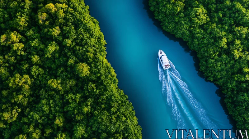 Scenic Aerial Image of Boat and Green Riverbanks AI Image