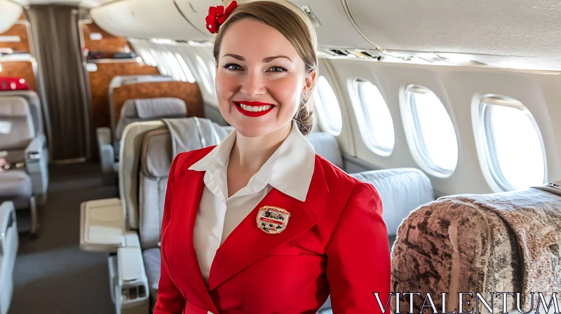 Smiling Flight Attendant in Airplane Interior AI Image