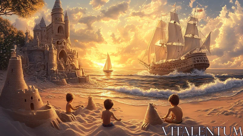 Sandcastles and Sailing Ship at Sunset AI Image