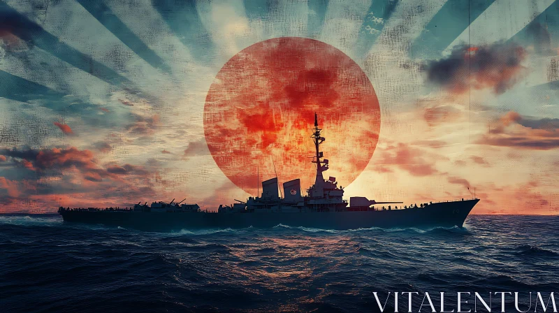 Sunset Warship Painting over Ocean Waves AI Image