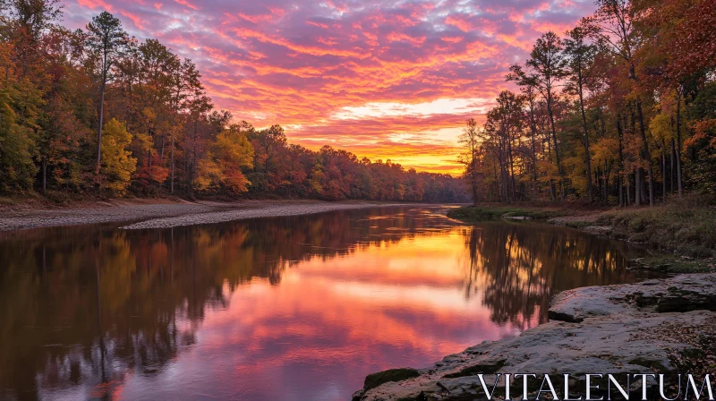 Serene River at Sunset with Autumn Colors AI Image