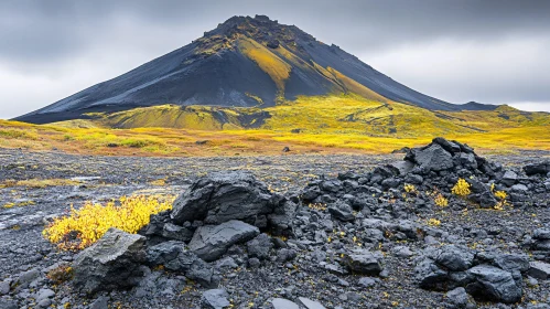 Volcanic Landscape with Vibrant Yellow Plants