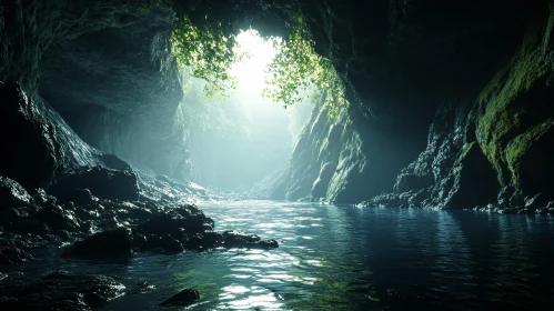 Serene Cave Scene with Sunlit Water