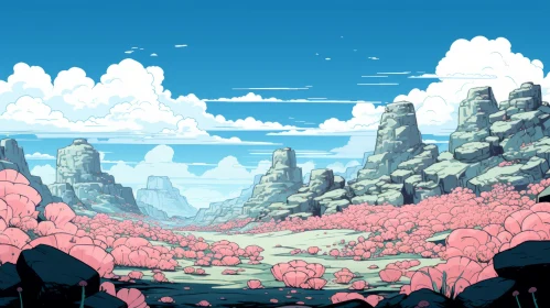 Anime Landscape with Pink Flowers and Azure Skies