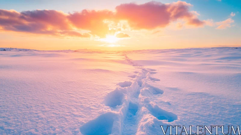 AI ART Winter Footprints Under Sunset Sky