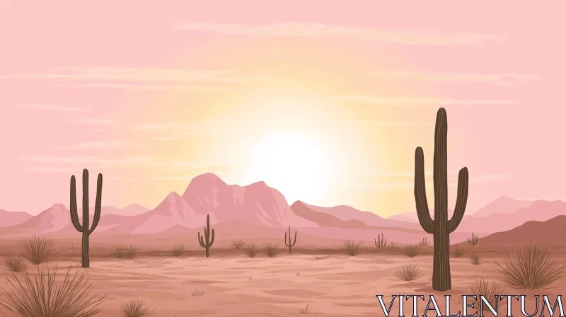 AI ART Desert Sunset with Cacti and Mountains