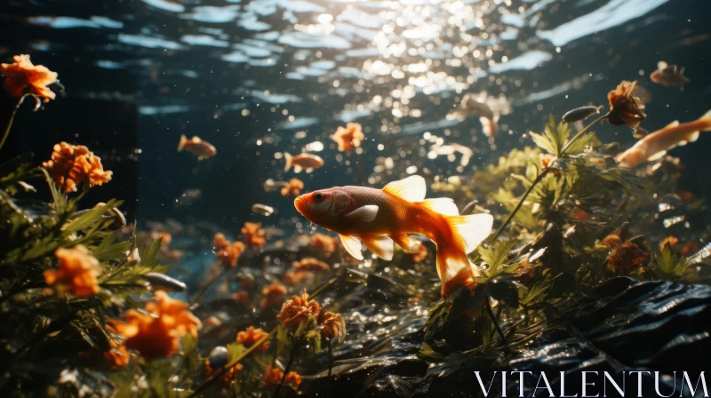 Goldfish Swimming Among Flowers in Enchanting Underwater Scene AI Image