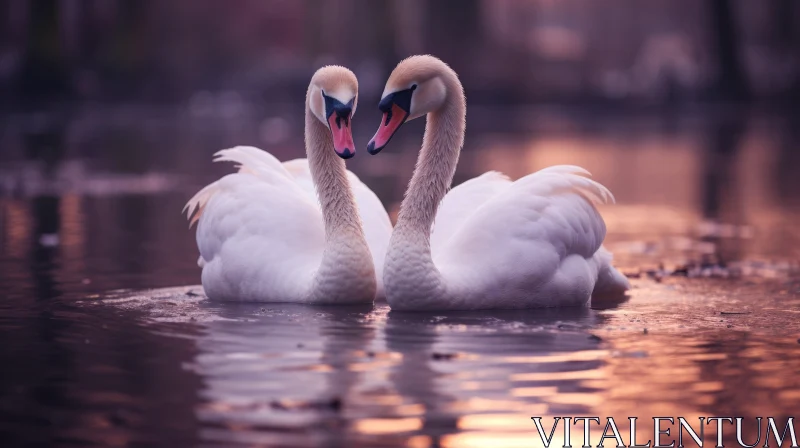 Romantic Sunset with White Swans in the River AI Image