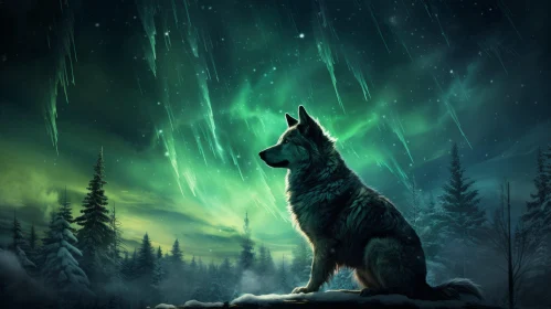 Snowy Aurora Borealis Scene with Dog - Digital Painting