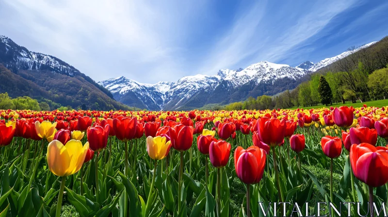 AI ART Blooming Tulips Against Majestic Mountains