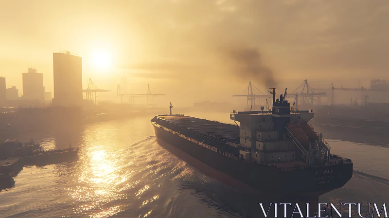 Sunset Cargo Ship in the Harbor AI Image