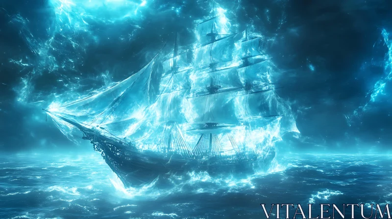 Ethereal Ghost Ship Illuminated by Luminous Waves AI Image