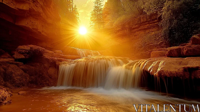 AI ART Golden Sunset Waterfall