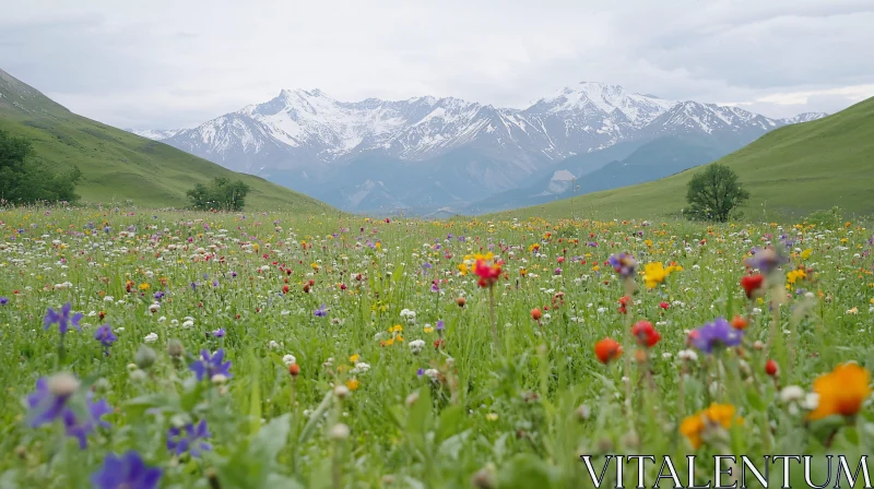 Wildflower Field Against Mountain Backdrop AI Image