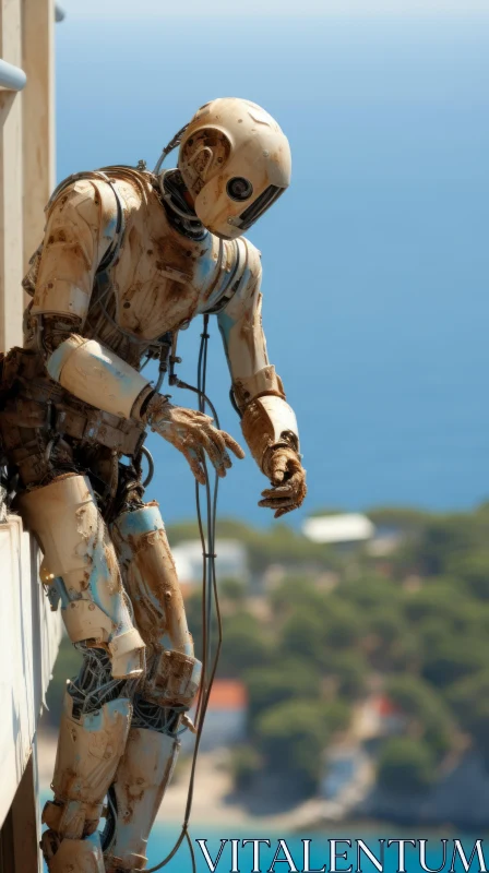 Romantic Historical Depiction: Robot Overlooking Ocean AI Image