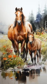 Watercolor Landscape of Horses in Field