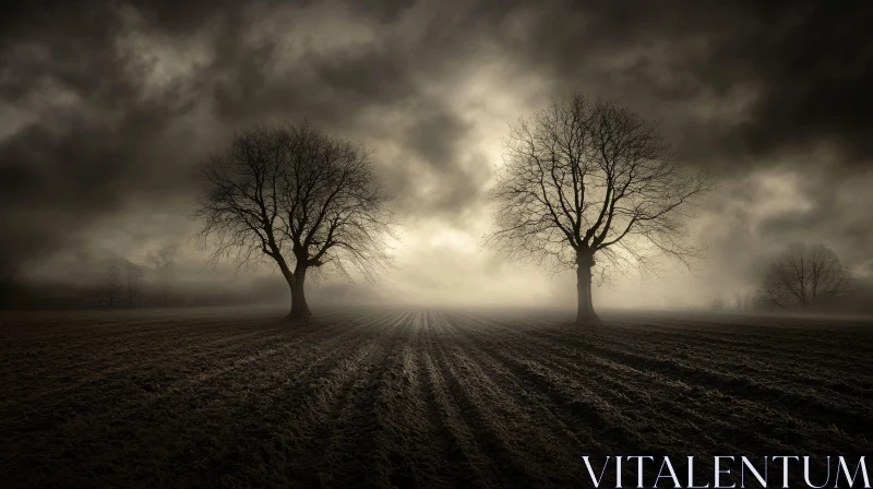 AI ART Foggy Field with Barren Trees Under Stormy Skies