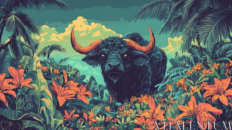 Wild Bull Among Lush Tropical Flora AI Image