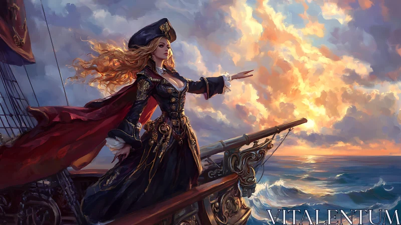 Female Pirate on Ship at Sunset AI Image