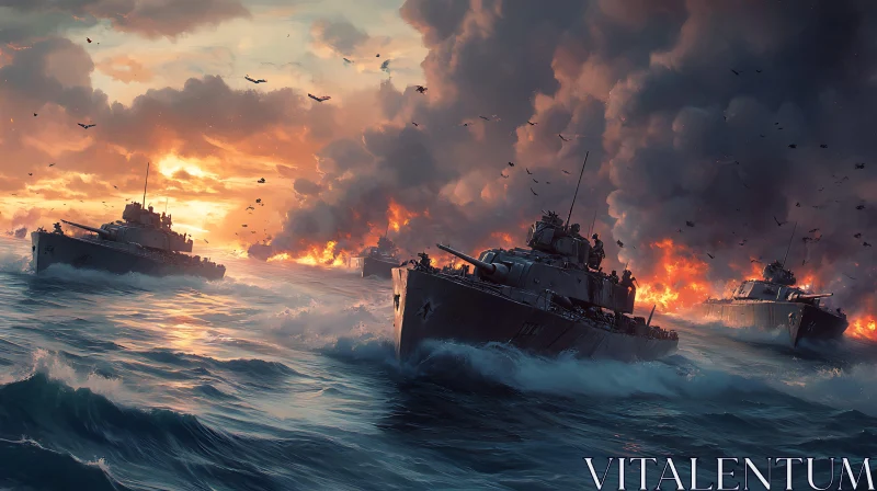 Sunset Naval Warfare with Warships and Smoke AI Image