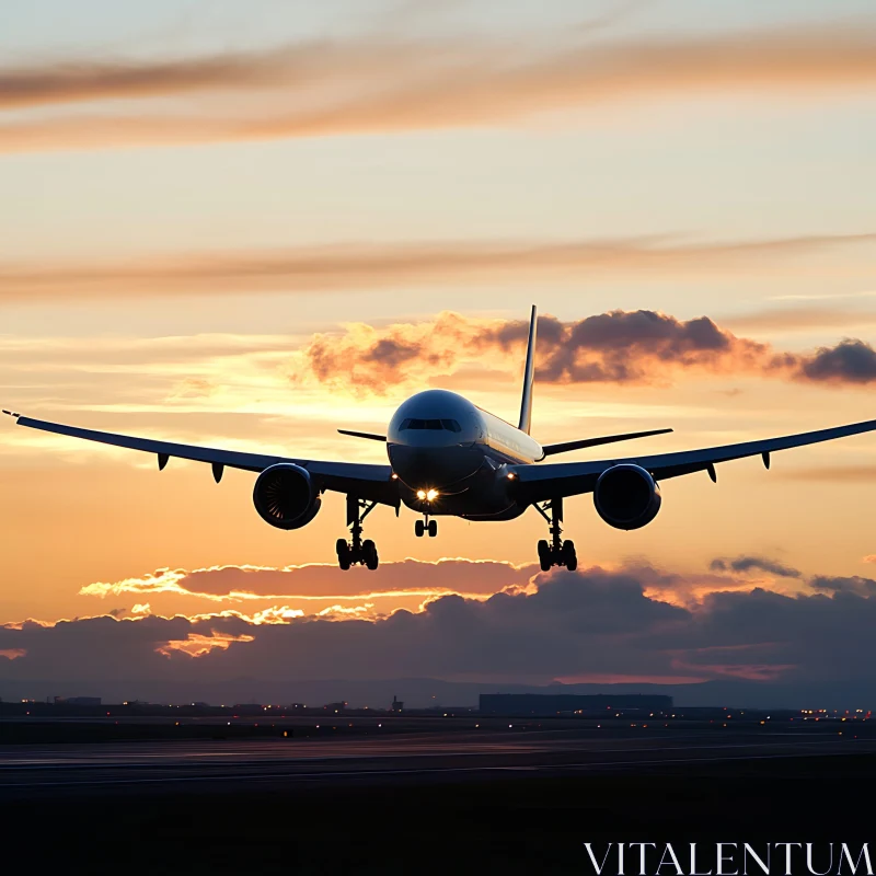 Plane Approaching Runway at Dusk AI Image