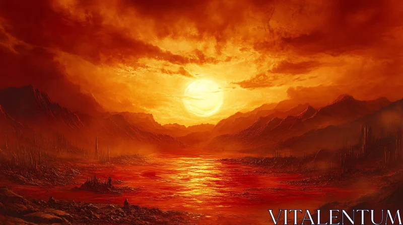 AI ART Fiery Sunset Over Rugged Mountains