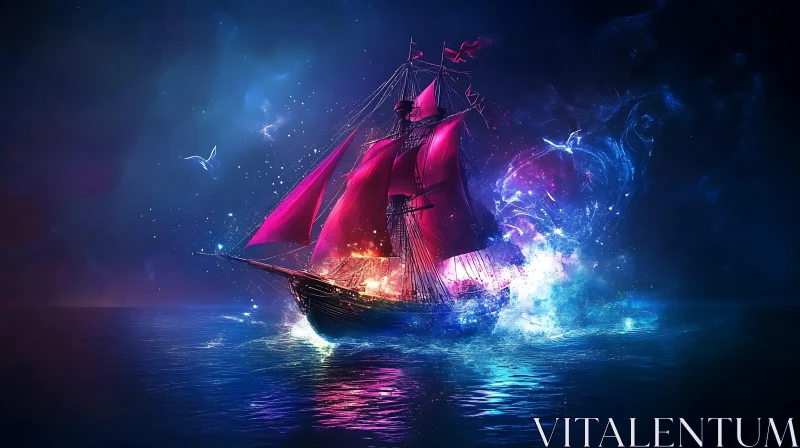 Fantasy Pink-Sailed Ship Under Starry Sky AI Image