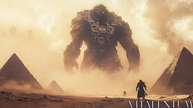 AI ART Giant Robotic Figure and Pyramids in Sandstorm