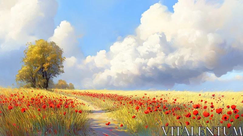 Poppies Field Against Bright Blue Sky AI Image