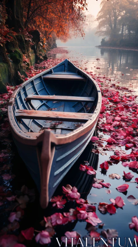 Tranquil River with Wooden Boat Amidst Autumn Leaves AI Image