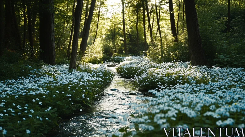 AI ART Peaceful Forest Stream with Sunlit Flowers