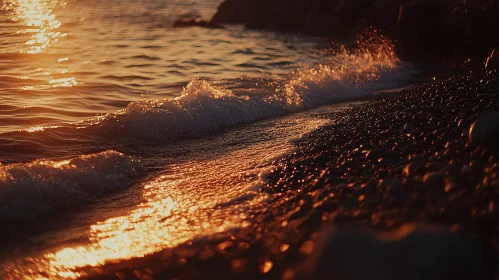 Golden Sunset Waves on Pebbled Shore