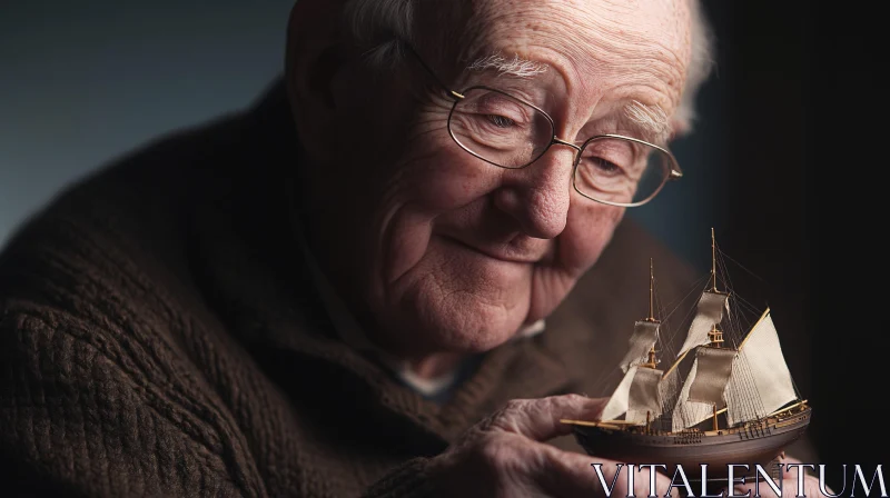 Senior Man Holding a Miniature Ship with Emotion AI Image