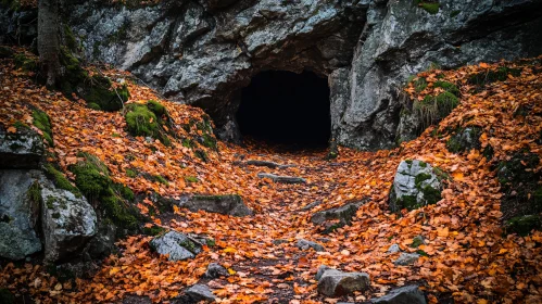 Autumn Leaves Leading to a Dark Cave