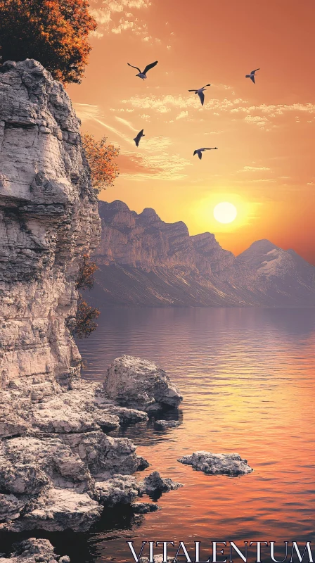 Peaceful Sunset Scene with Lake, Mountains, and Birds AI Image