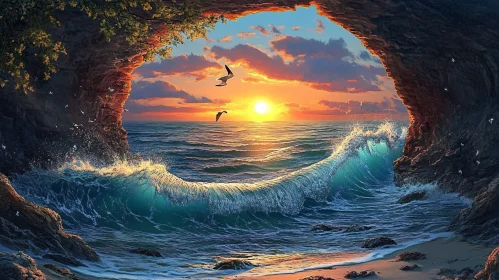 Sunset Over Ocean Viewed Through Sea Cave