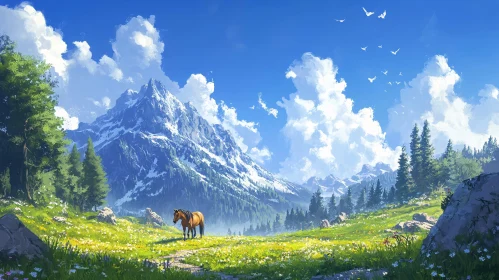 Peaceful Alpine Landscape with Horse