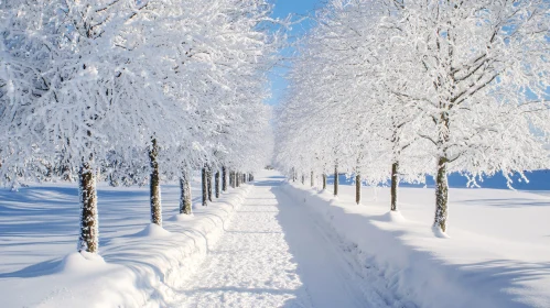 Peaceful Winter Pathway through Snowy Trees