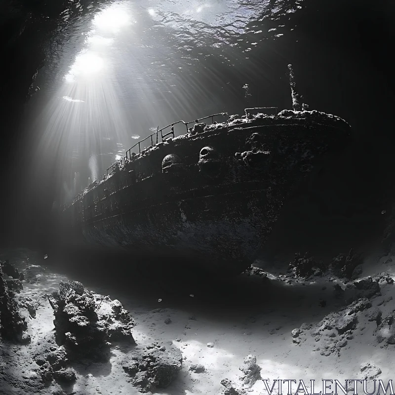 Sunrays Penetrating Shipwreck and Coral Reefs Underwater AI Image