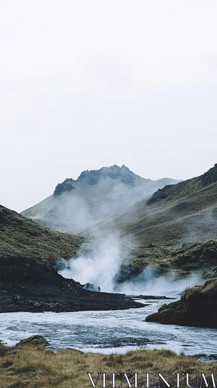 Foggy Mountains with Winding Stream AI Image