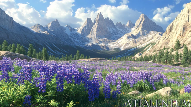 AI ART Blossoming Purple Flowers with Majestic Mountain Background