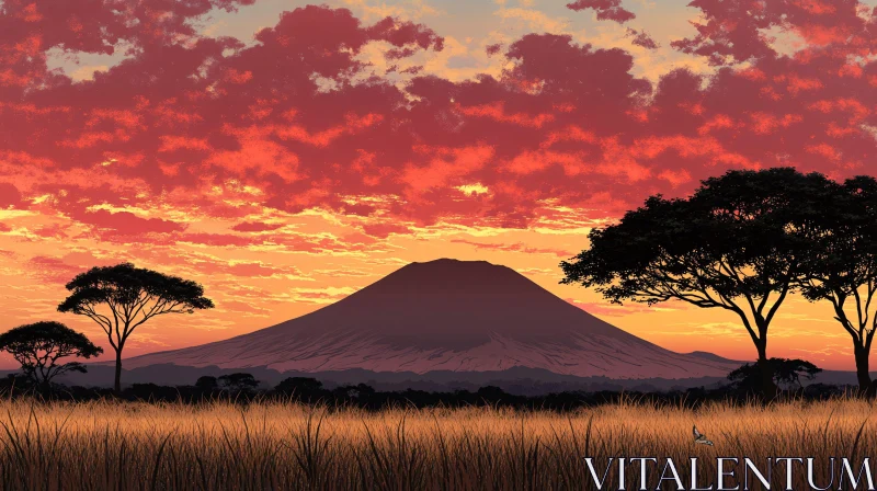 AI ART Sunset Mountain View with Savannah Trees