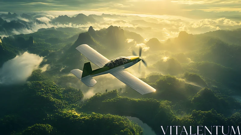 Serene Sunrise Flight Over Verdant Mountains AI Image