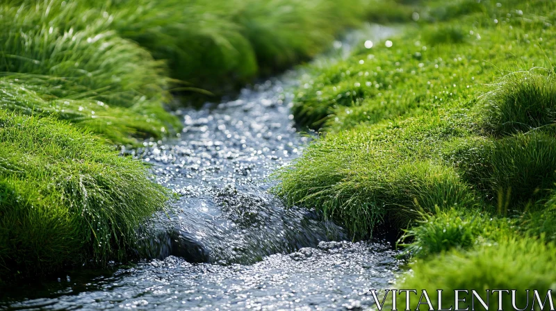 Sparkling Stream and Green Grass Landscape AI Image