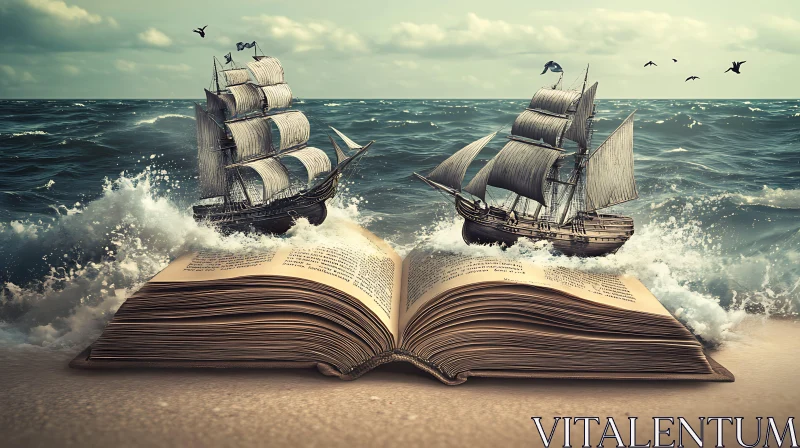 Fantasy Book with Sailing Ships and Ocean Waves AI Image