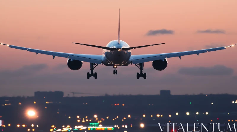 Airplane Descending on Illuminated Runway AI Image